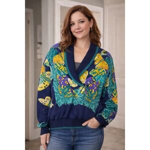 GDT Too Pullover Jacket Top Womens Medium‎ Multi Butterfly Print Double Breasted